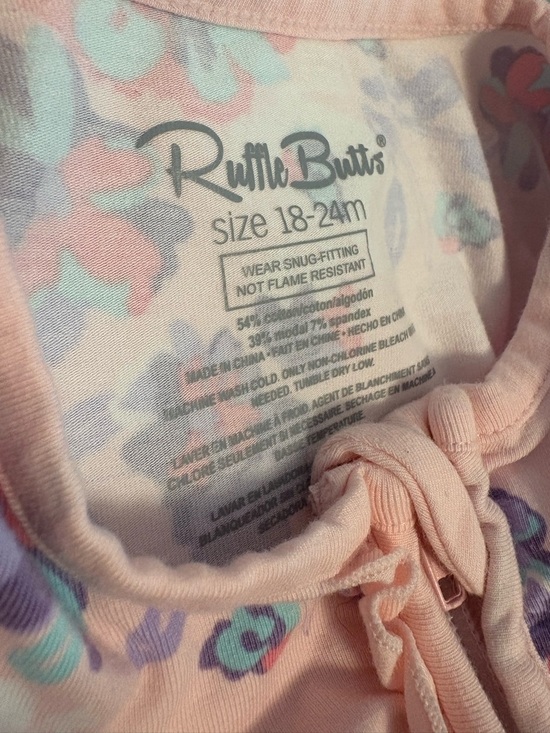 Ruffle Butts Pink Floral Footed One-Piece with Purple & Teal Blooms - Picture 4 of 6